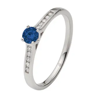 Weißgold Verlobungsring mit Blue Saphire mittig und Pavé-Fassung 