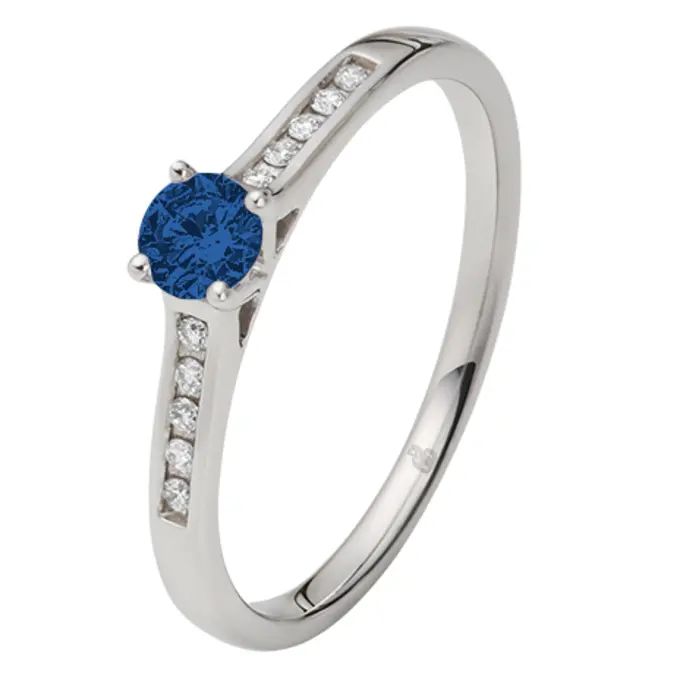 Weißgold Verlobungsring mit Blue Saphire mittig und Pavé-Fassung