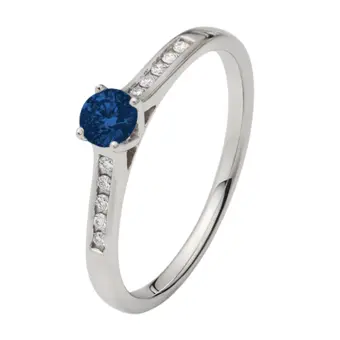 Weißgold Verlobungsring mit Blue Saphire mittig und Pavé-Fassung extra