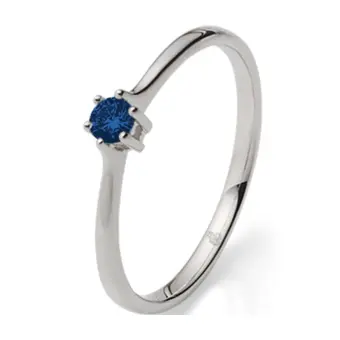 Weißgold Verlobungsring mit mittig blauem Saphir in 6er Krappenfassung