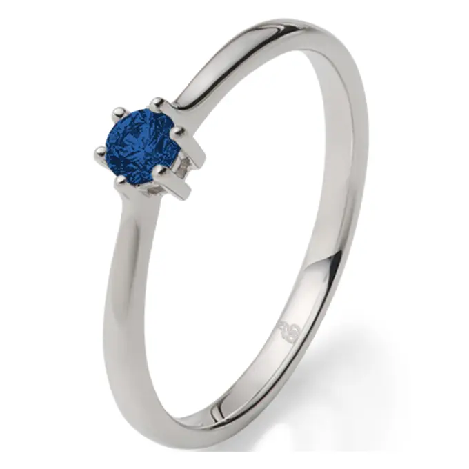 Weißgold Verlobungsring mit blauem Saphir mittig in 6er Krappenfassung