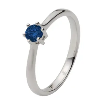 Weißgold Verlobungsring mit großem blauem Saphir in 6er Krappenfassung 