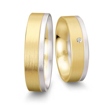Mattierte Gelbgold Trauringe mit Weißgold Rand und Diamanten