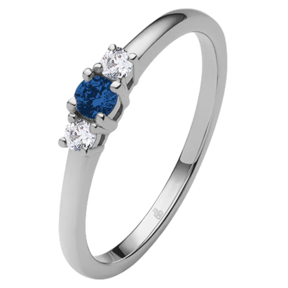 Märchenhafter Weißgold Verlobungsring mit zwei weißem und einem blauen Saphir 9475