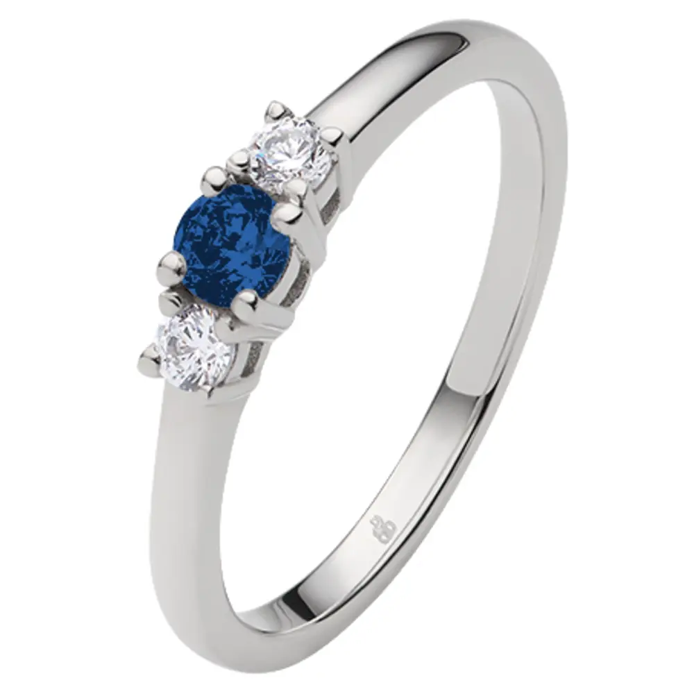 Weißgold Verlobungsring mit zwei weißem und einem blauen Saphir 9492