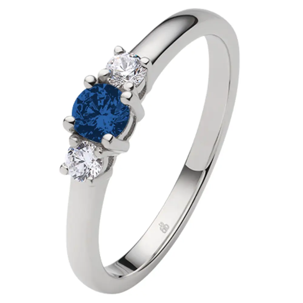 Weißgold Verlobungsring mit mittig blauem Saphir in Krappenfasung