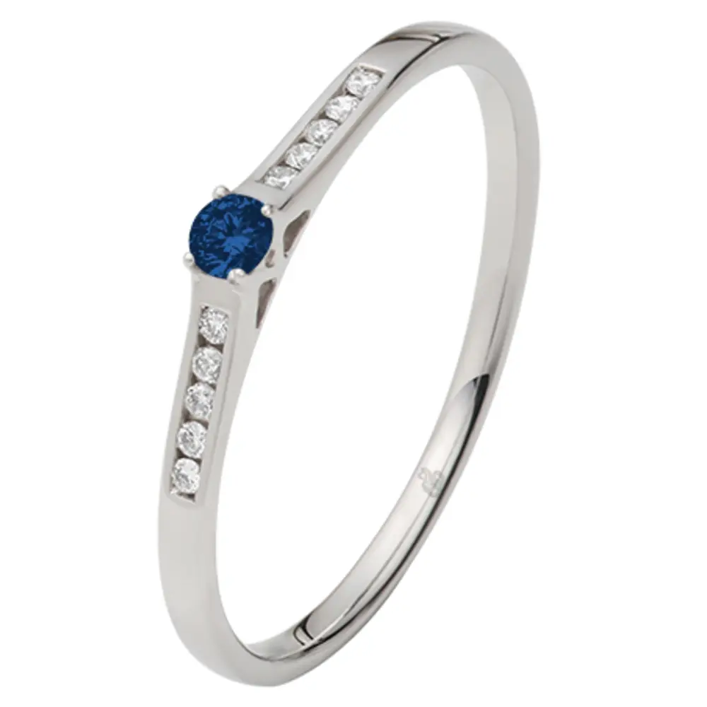 Weißgold Verlobungsring mit blauem Saphir mittig und Pavé-Fassung