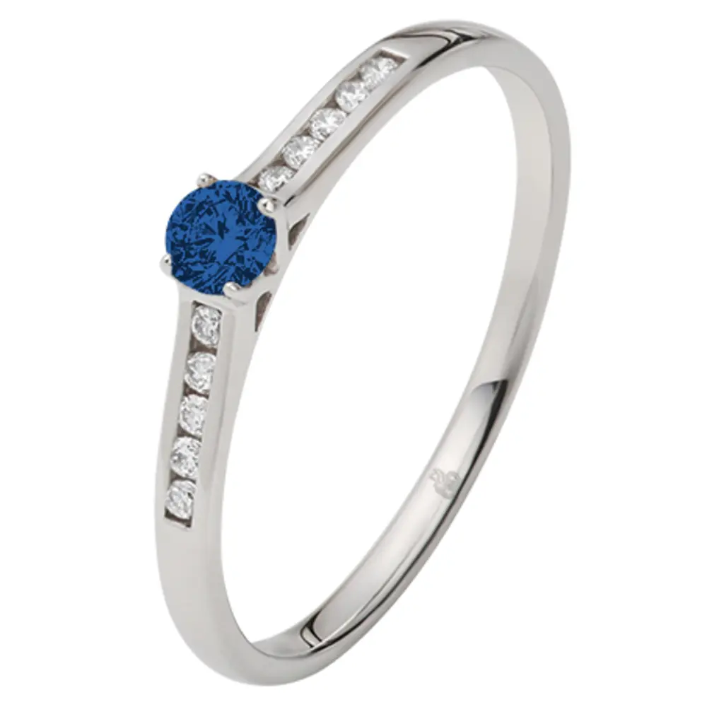 Weißgold Verlobungsring mit blauem Saphir in der Mitte und Pavé-Fassung 