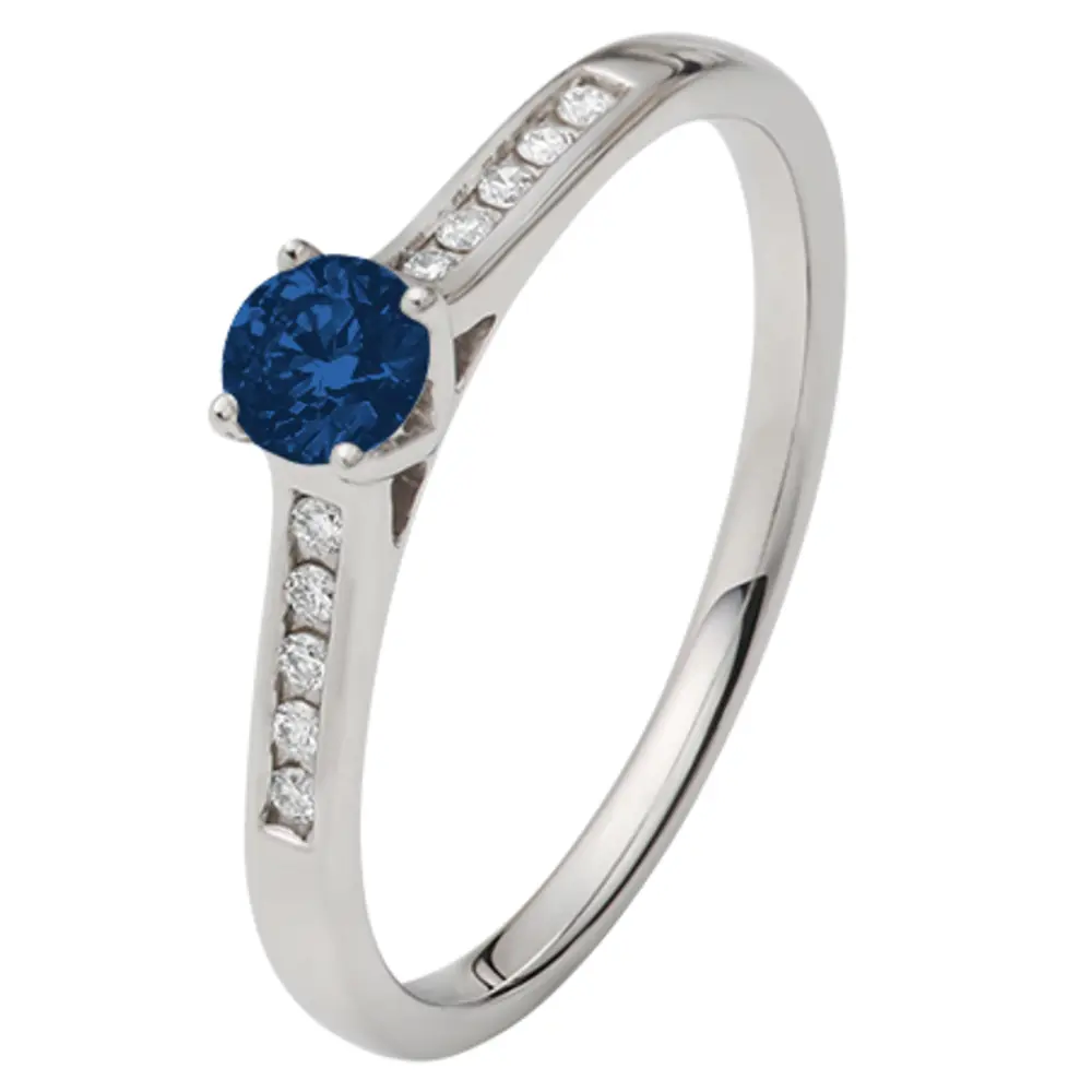 Weißgold Verlobungsring mit Blue Saphire mittig und Pavé-Fassung extra
