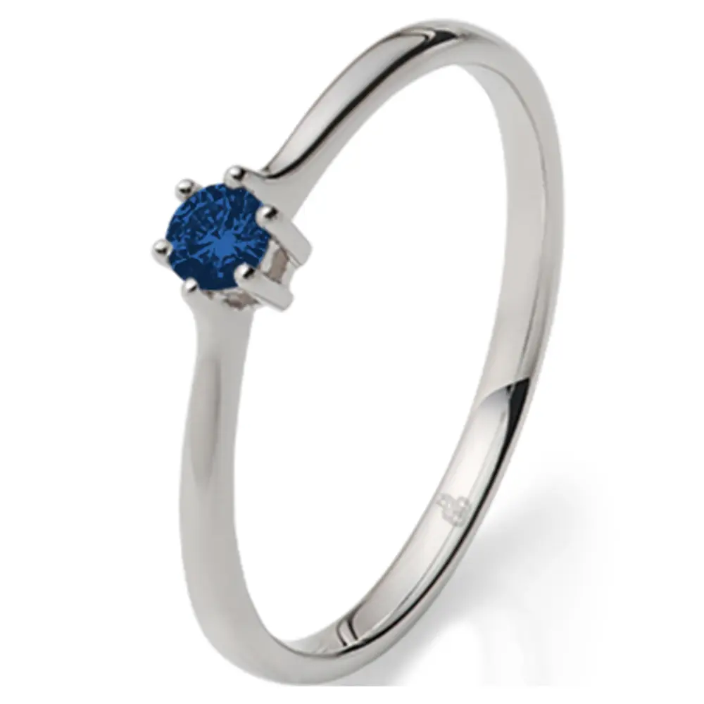 Weißgold Verlobungsring mit mittig blauem Saphir in 6er Krappenfassung