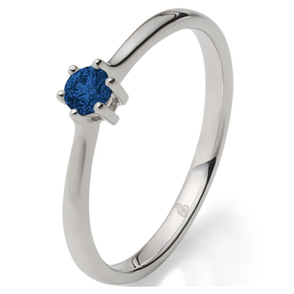 Weißgold Verlobungsring mit blauem Saphir mittig in 6er Krappenfassung