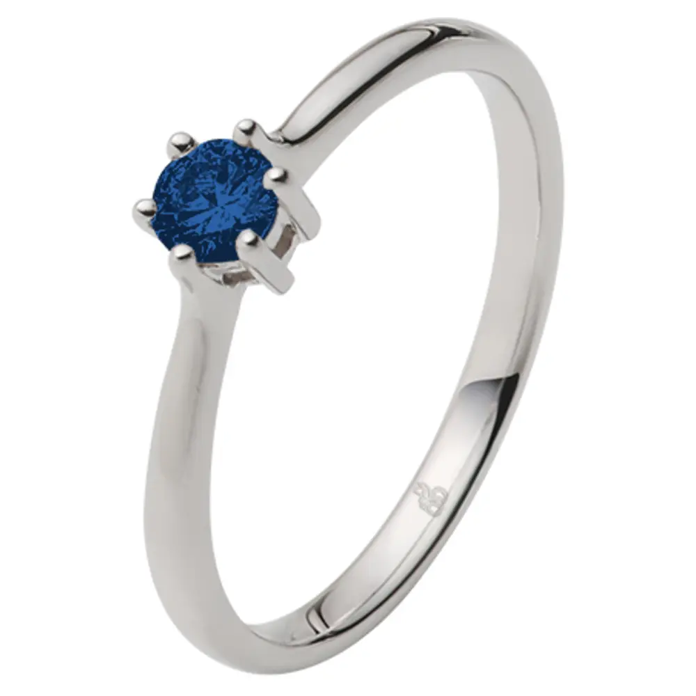 Weißgold Verlobungsring mit blauem Saphir in sechs Krappen gefasst