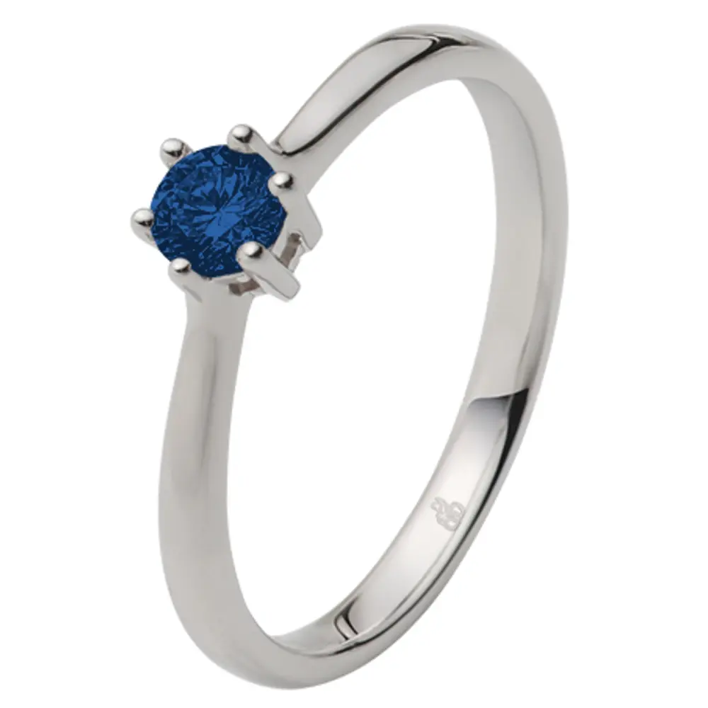 Weißgold Verlobungsring mit großem blauem Saphir in 6er Krappenfassung 