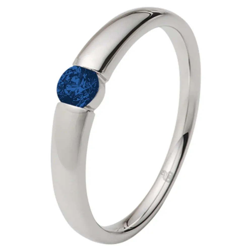 Weißgold Verlobungsring mit polierter Oberläche und blauem Saphir 