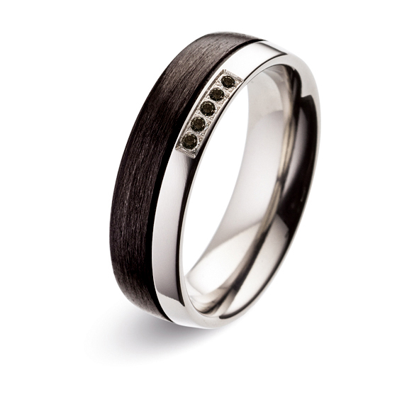 Tolle Titan&Carbonringe mit kontrastvollen schwarzen Diamanten auf poliertem Titan 8926853
