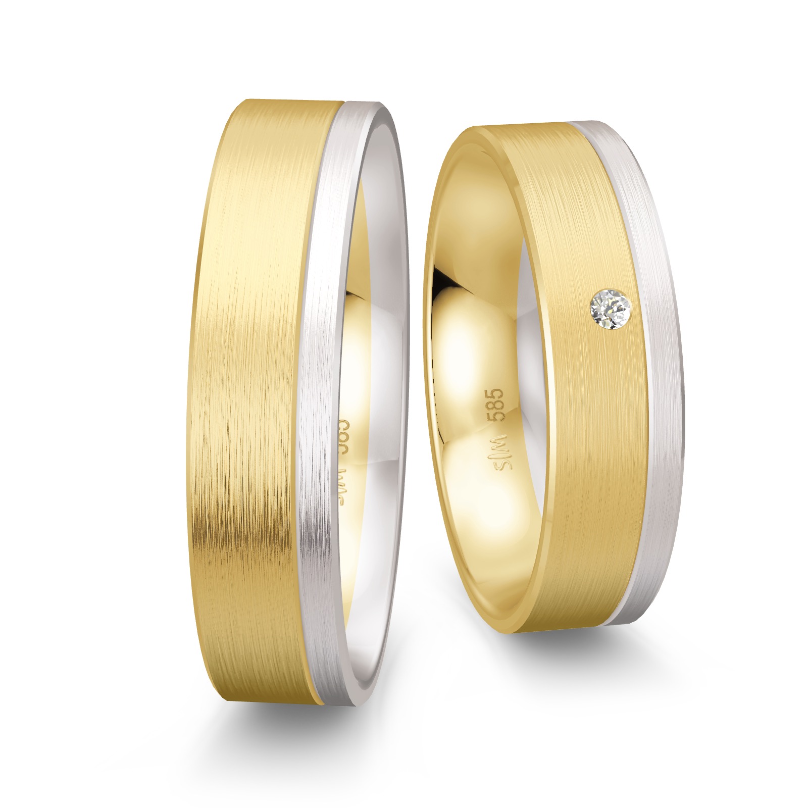 Mattierte Gelbgold Trauringe mit Weißgold Rand und Diamanten