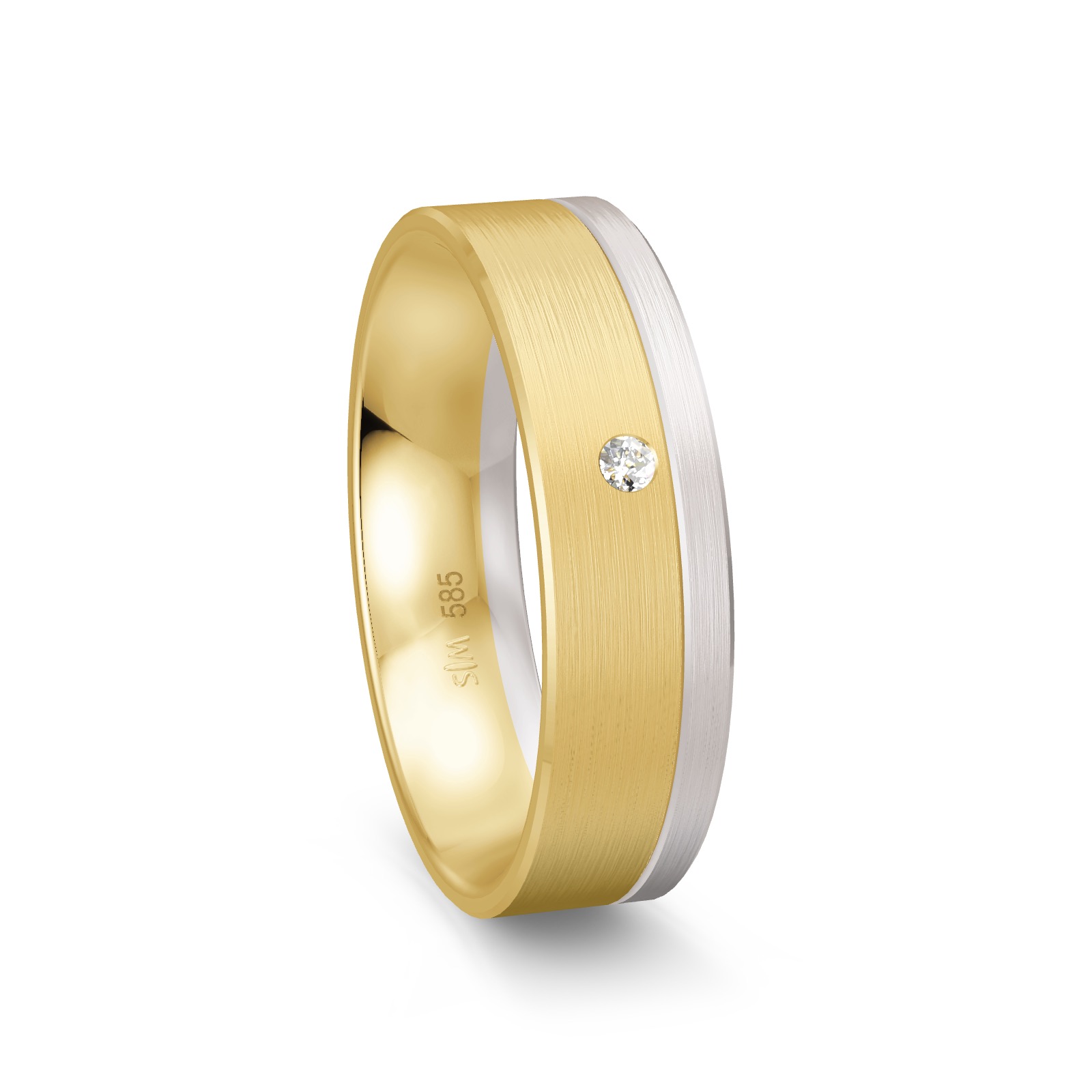 Mattierter Gelbgold Trauring mit Weißgold Rand und Diamanten